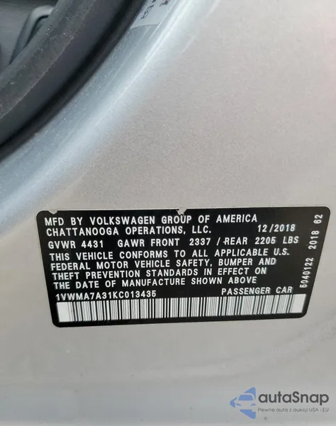 2019 Volkswagen Passat Se R-Line z USA, uszkodzony, nr VIN 1VWMA7A31KC013435